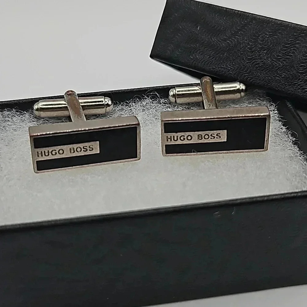 Hugo Boss Rectangular Black and Silver Statement Cufflinks